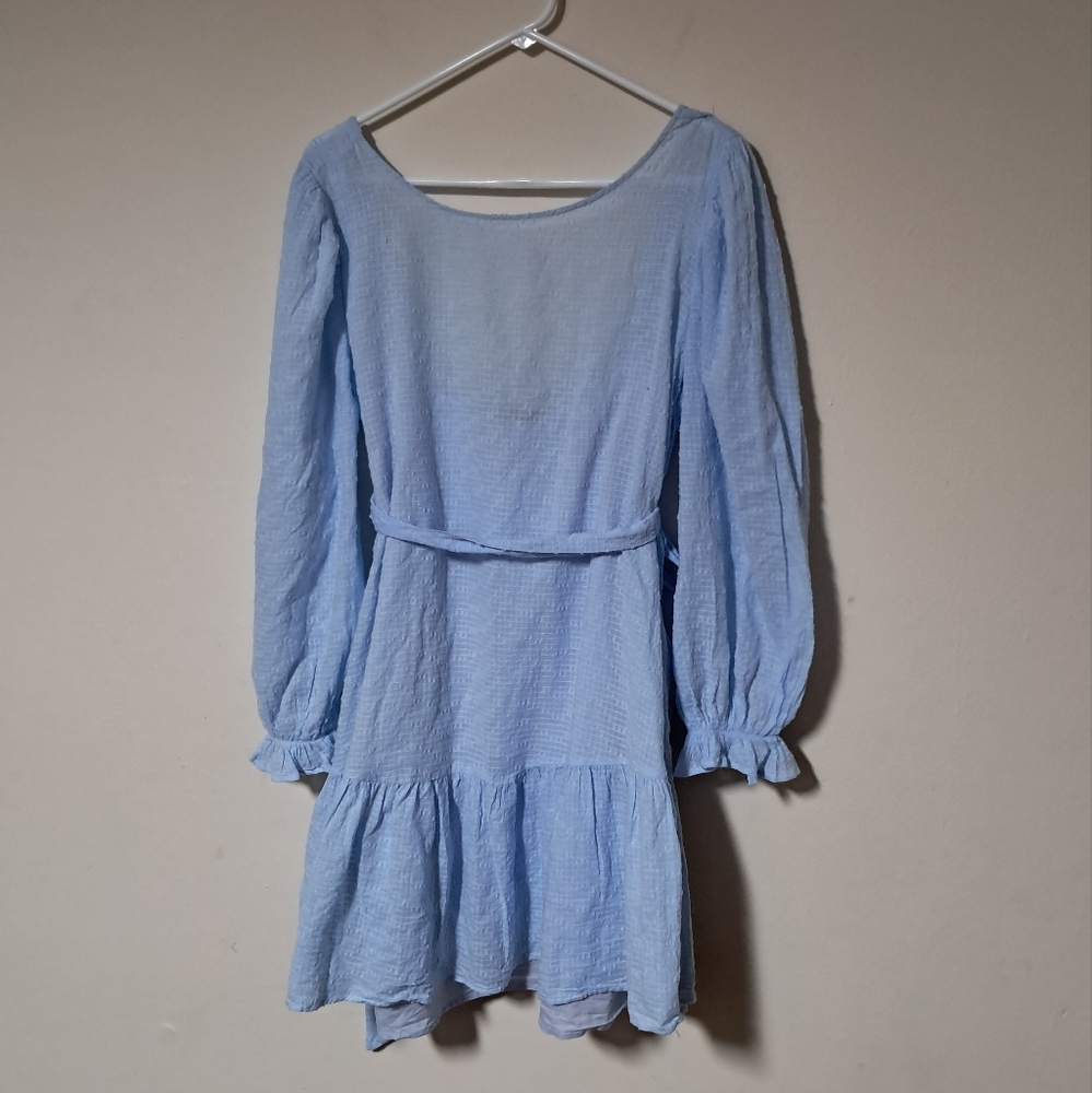 Eloquii mini dress tunic Ruffle hem color baby blue tank lining belt Sz 14